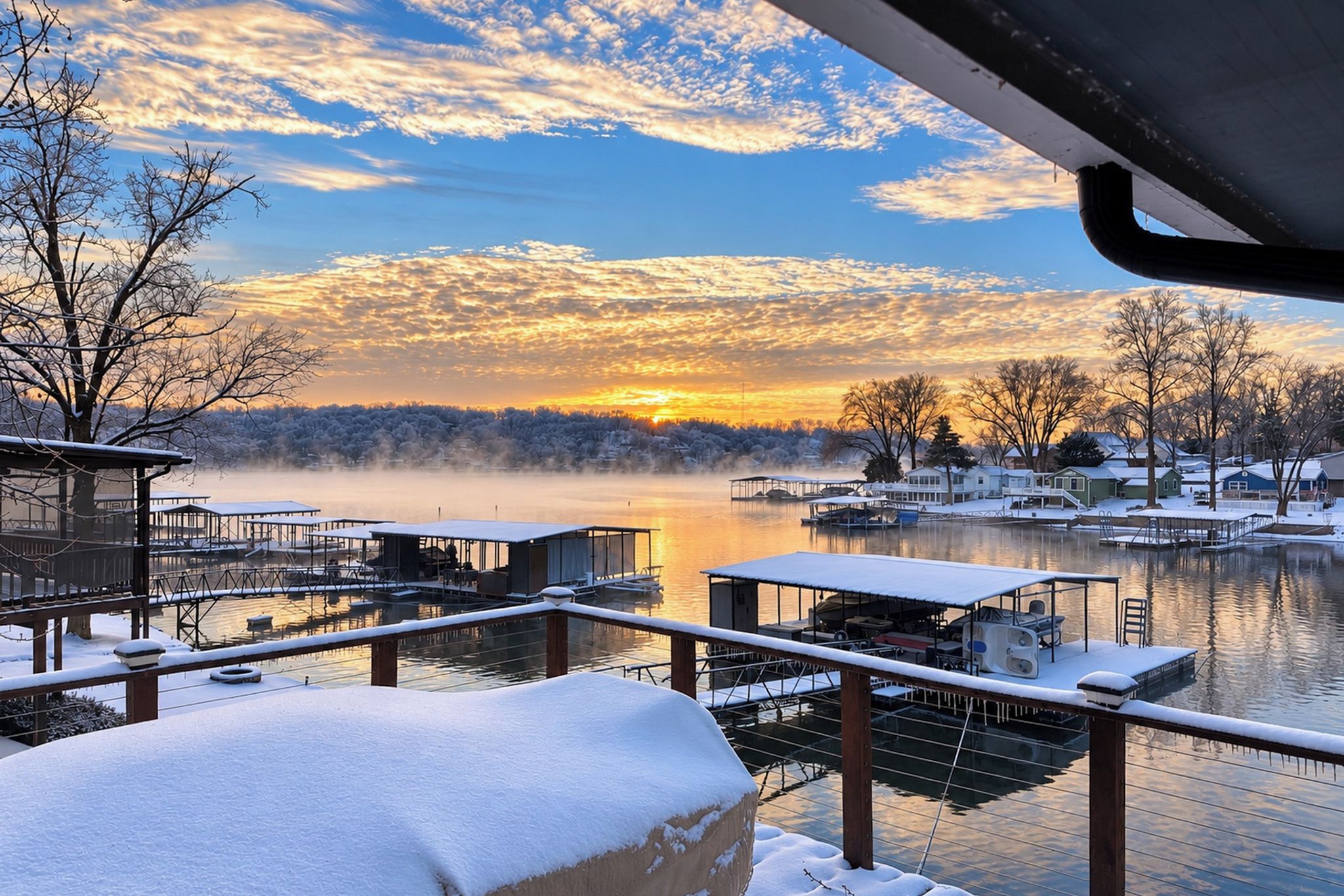 Une scène hivernale avec un quai et des bâtiments au bord d’un lac, le tout recouvert de neige.