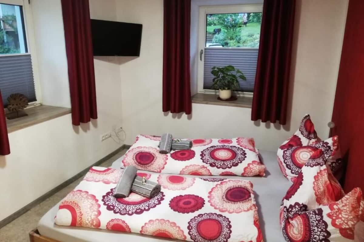 A room with two beds, red curtains, a TV on the wall, and a window with a plant.