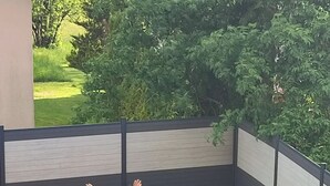 Une personne se tient près d’une piscine, les bras levés, et est entourée d’une zone délimitée par une clôture, d’où l’on peut admirer la verdure.