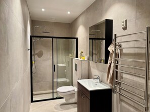 Hair dryer, towels, soap, shampoo