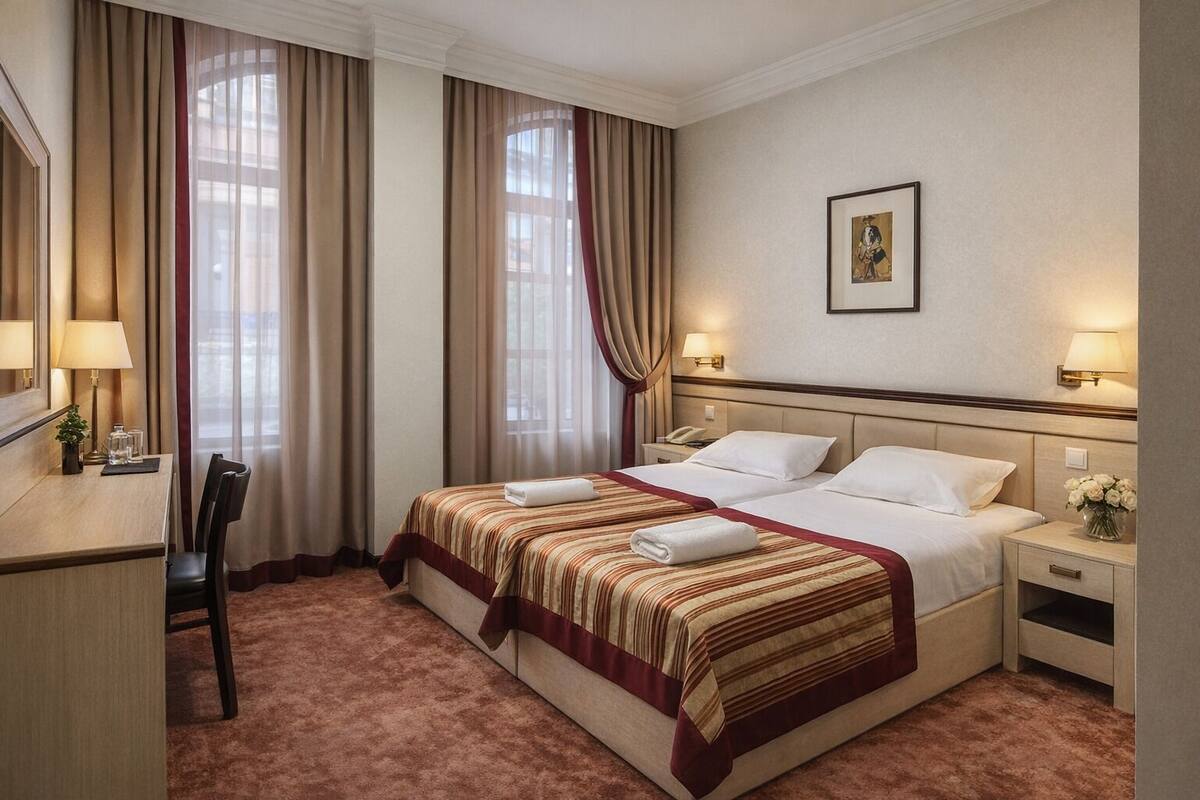 A hotel room with a double bed, two bedside tables with lamps, a desk with a chair, and a large window with curtains.