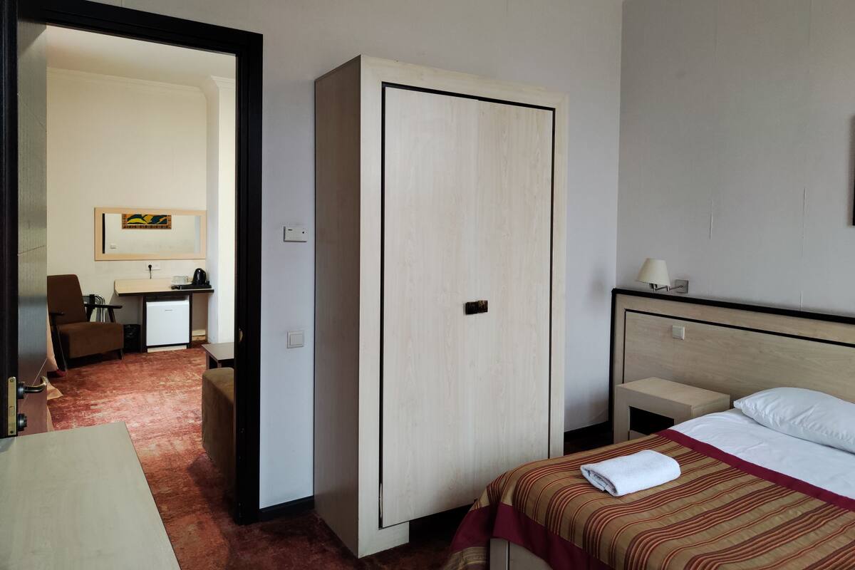 A hotel room with a bed, a desk, a chair, a wardrobe, and a mirror.