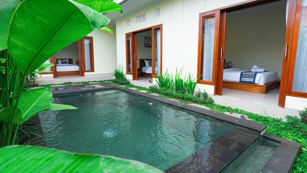 Un espace aménagé au bord de la piscine, avec une petite piscine, des portes en bois donnant accès aux chambres et de nombreuses plantes vertes.