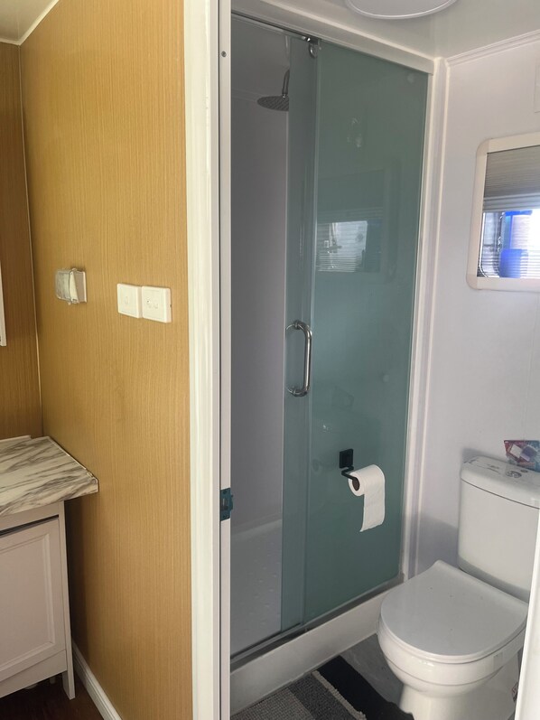 A bathroom with a glass shower enclosure, a toilet, and a marble-topped sink.
