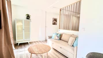 Appartamento Deluxe, balcone, vista cortile | Area soggiorno | TV a schermo piatto