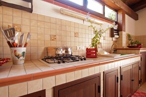Fridge, microwave, oven, stovetop - Spacious Villa with Garden, WiFI, A/C, Outdoor kitchen, short walk to the Sea (Piana Calzata)