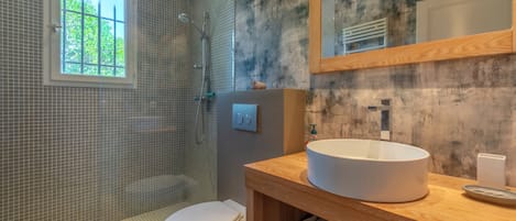 Hair dryer, towels, soap, toilet paper