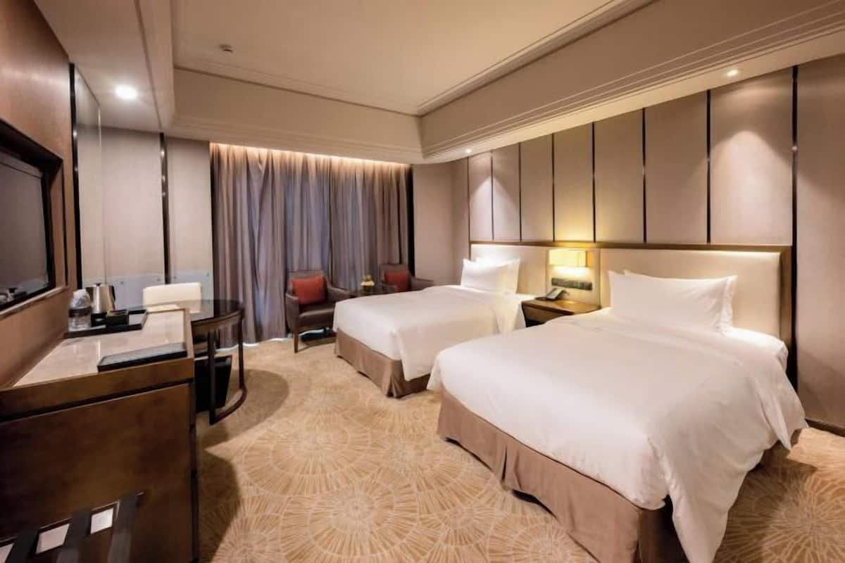 In-room safe, desk, laptop workspace, blackout curtains