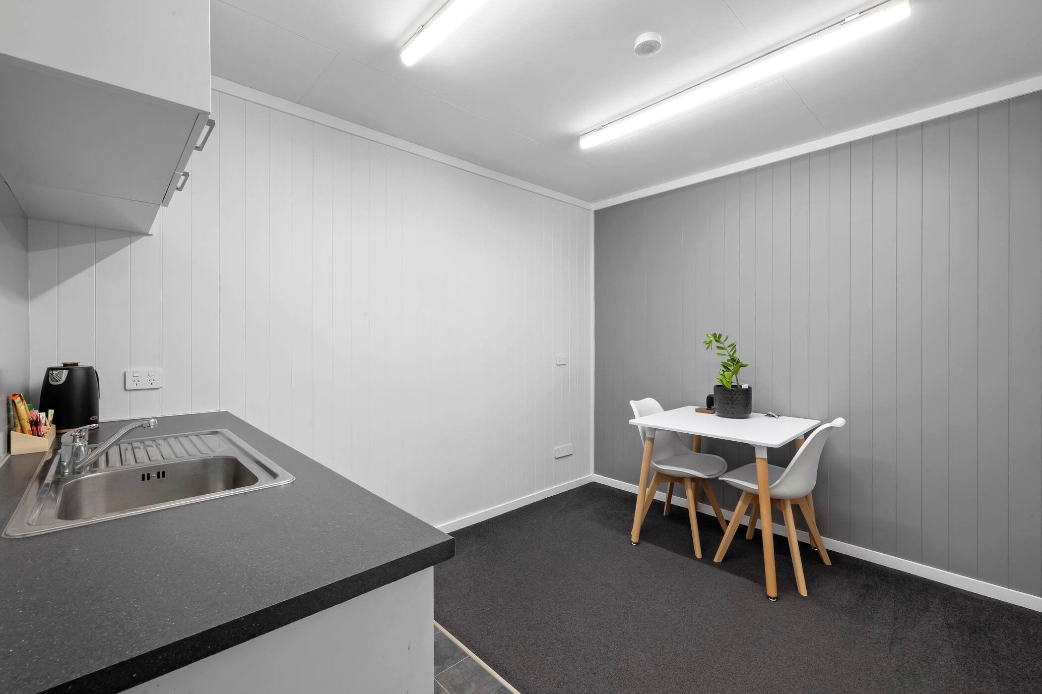 Fridge, microwave, electric kettle, toaster