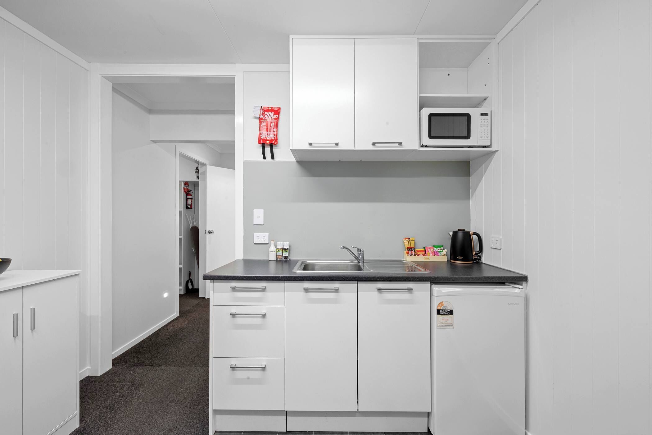 Fridge, microwave, electric kettle, toaster