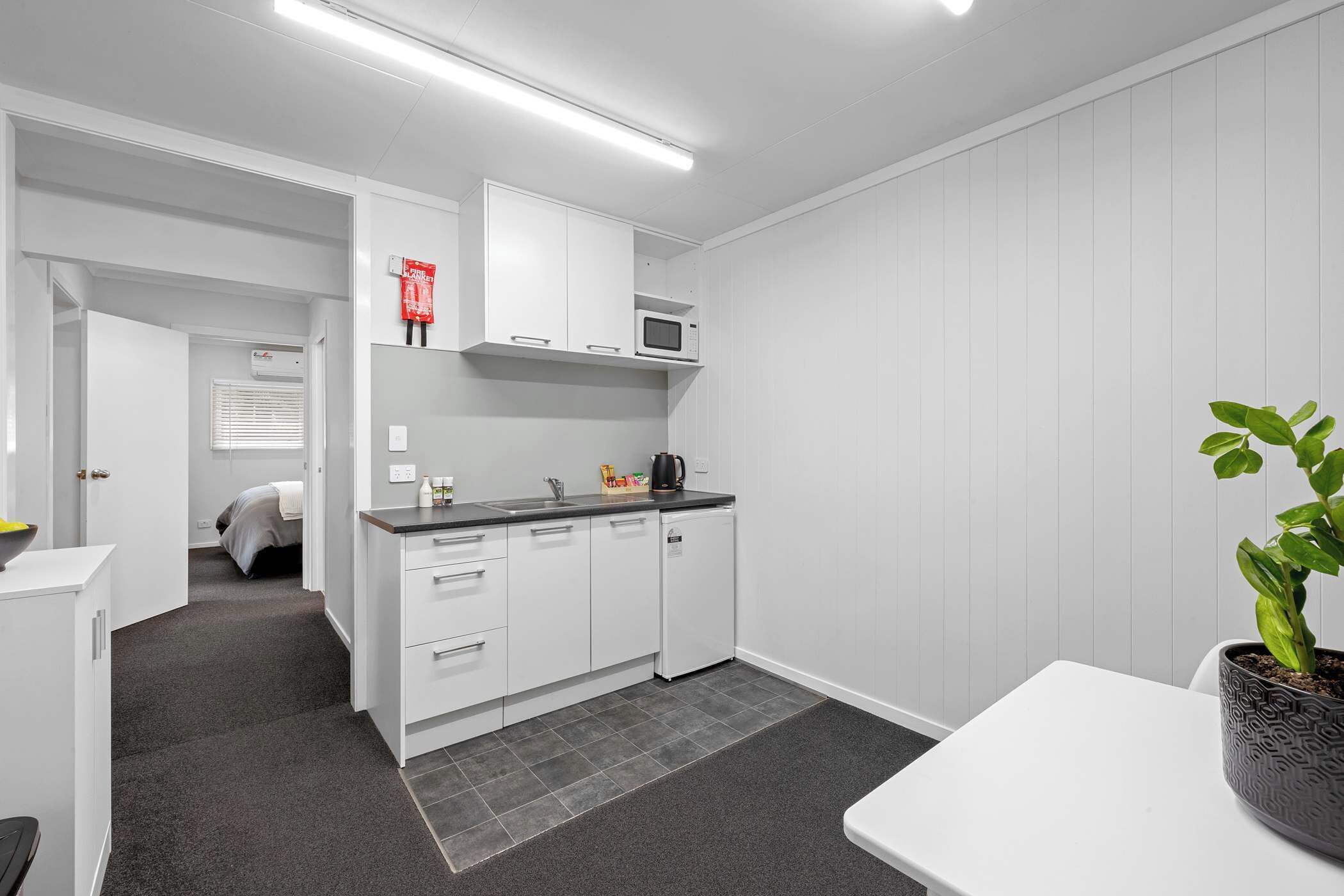 Fridge, microwave, electric kettle, toaster