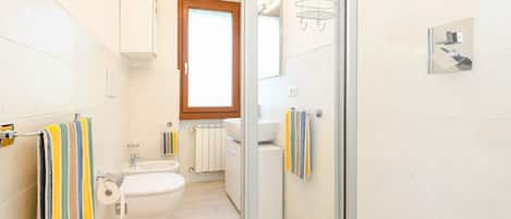 Shower, hair dryer, bidet, towels