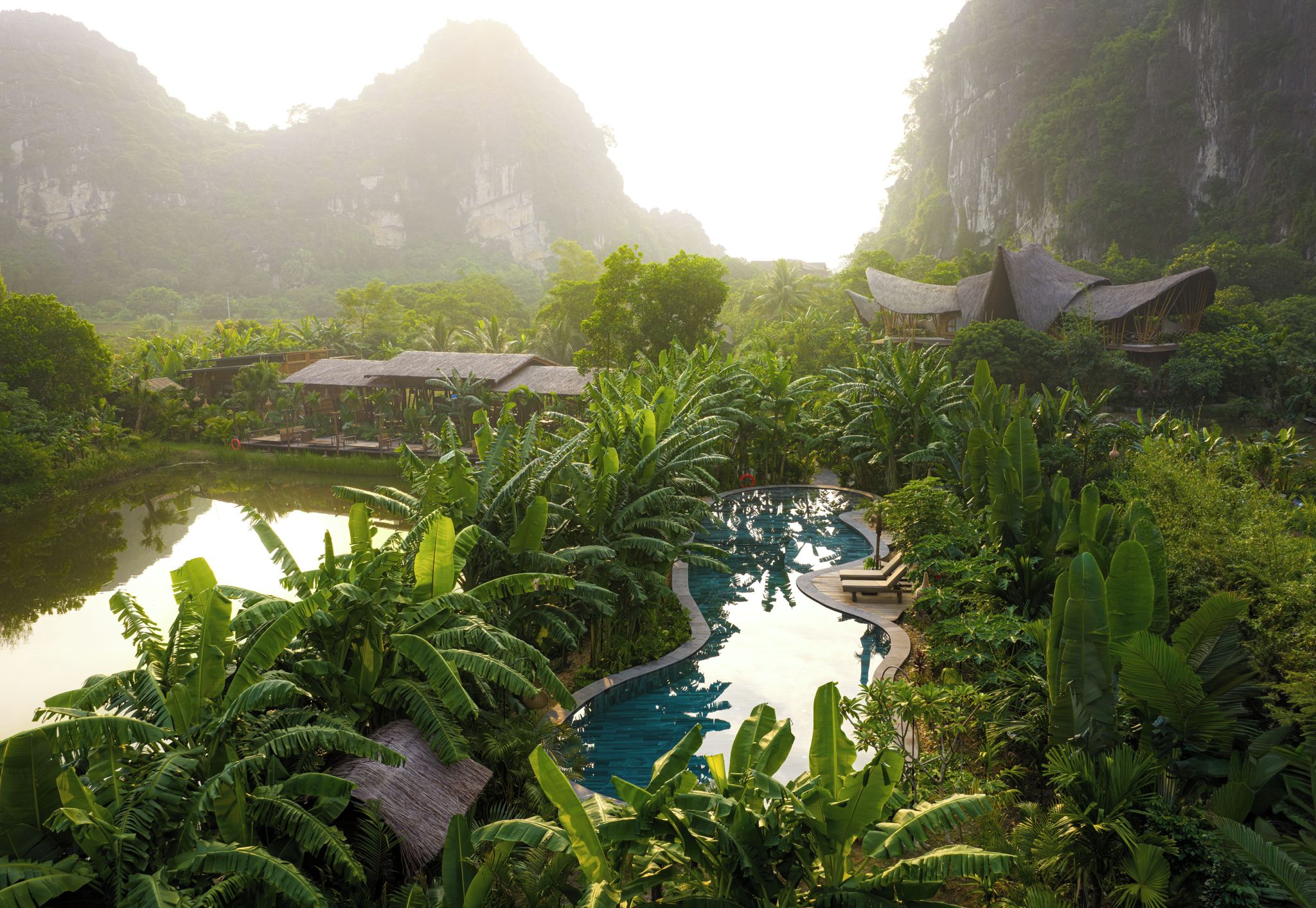 Un complexe hôtelier tropical doté d’une piscine, entouré d’une végétation luxuriante et agrémenté de constructions aux toits de chaume.
