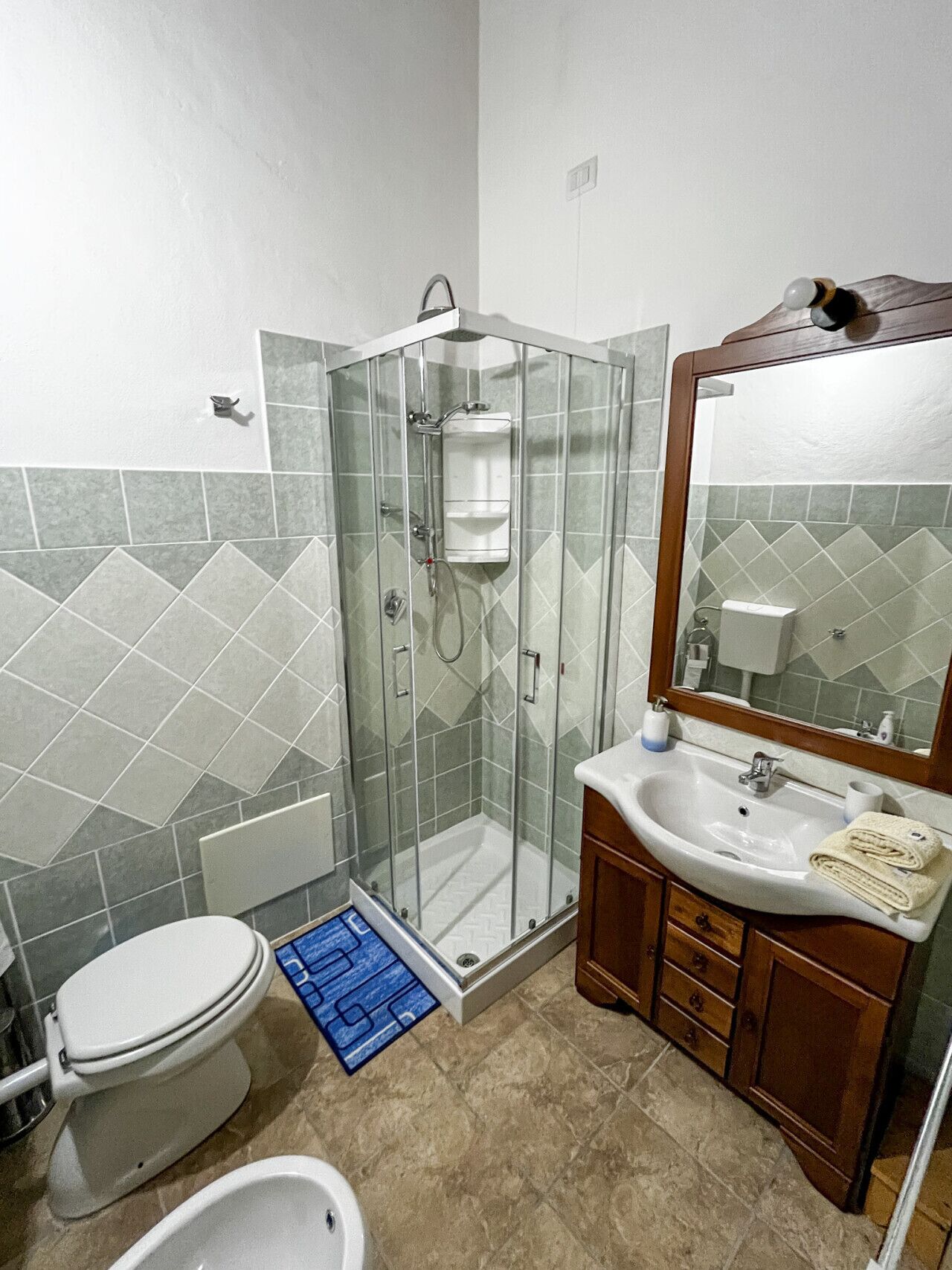 Un baño con ducha de vidrio, lavamanos blanco, espejo y retrete.