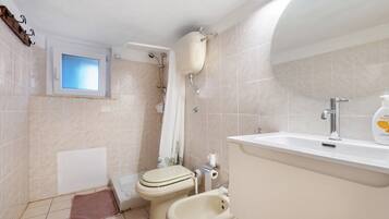 Une salle de bain comprenant des toilettes, un bidet, une douche et un lavabo avec un miroir.