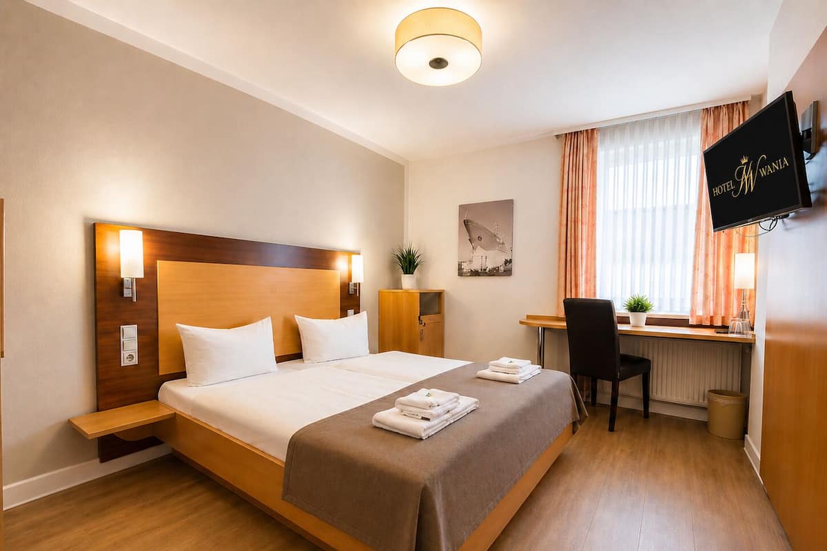 Una camera d'albergo con un letto, comodino, scrivania, sedia, televisore e una pianta in vaso.