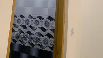 Shower, free toiletries, towels, soap