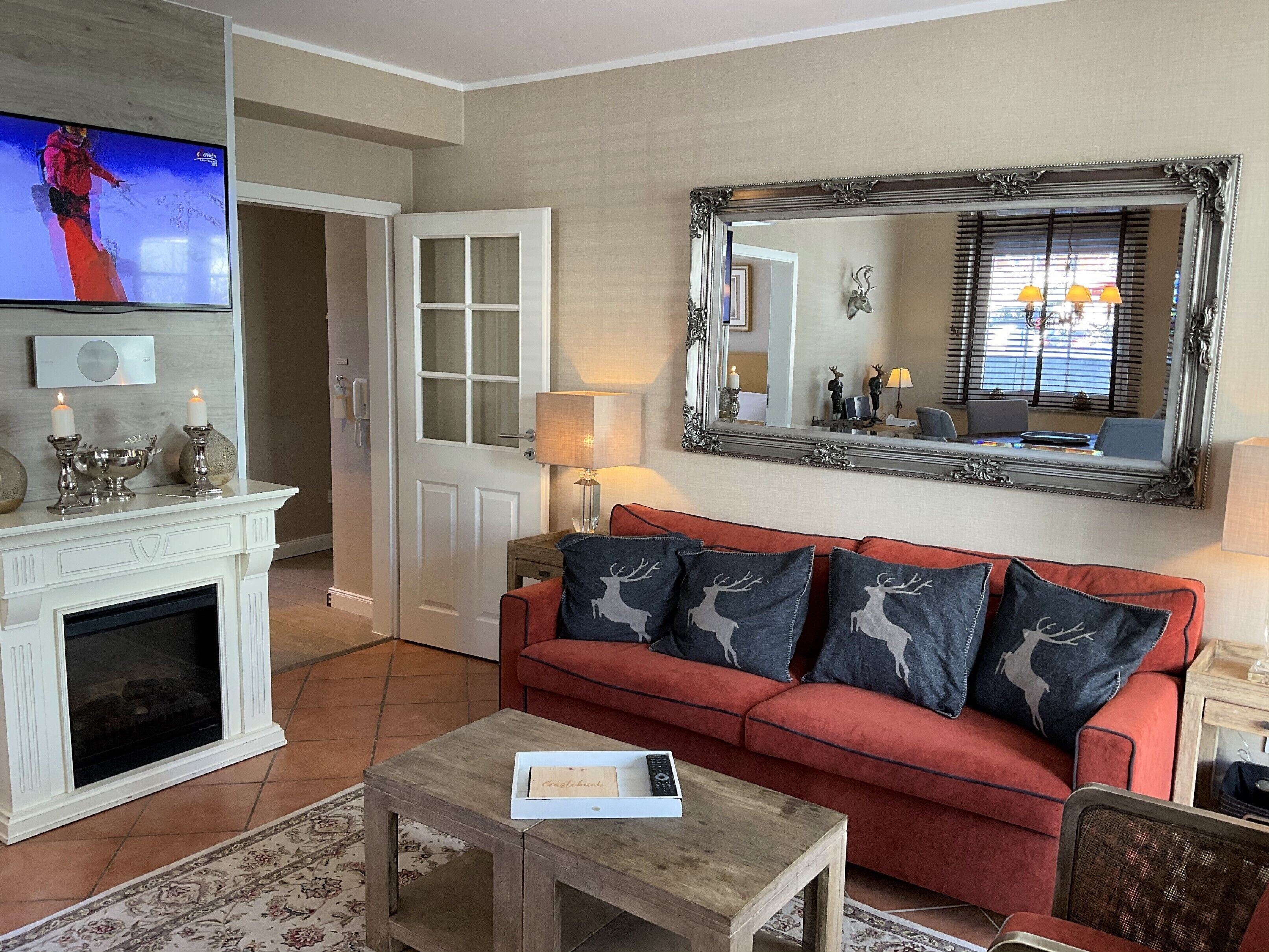 TV, fireplace, DVD player, stereo