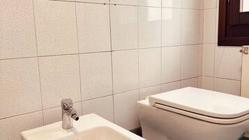 Een haardroger, handdoeken, toiletpapier