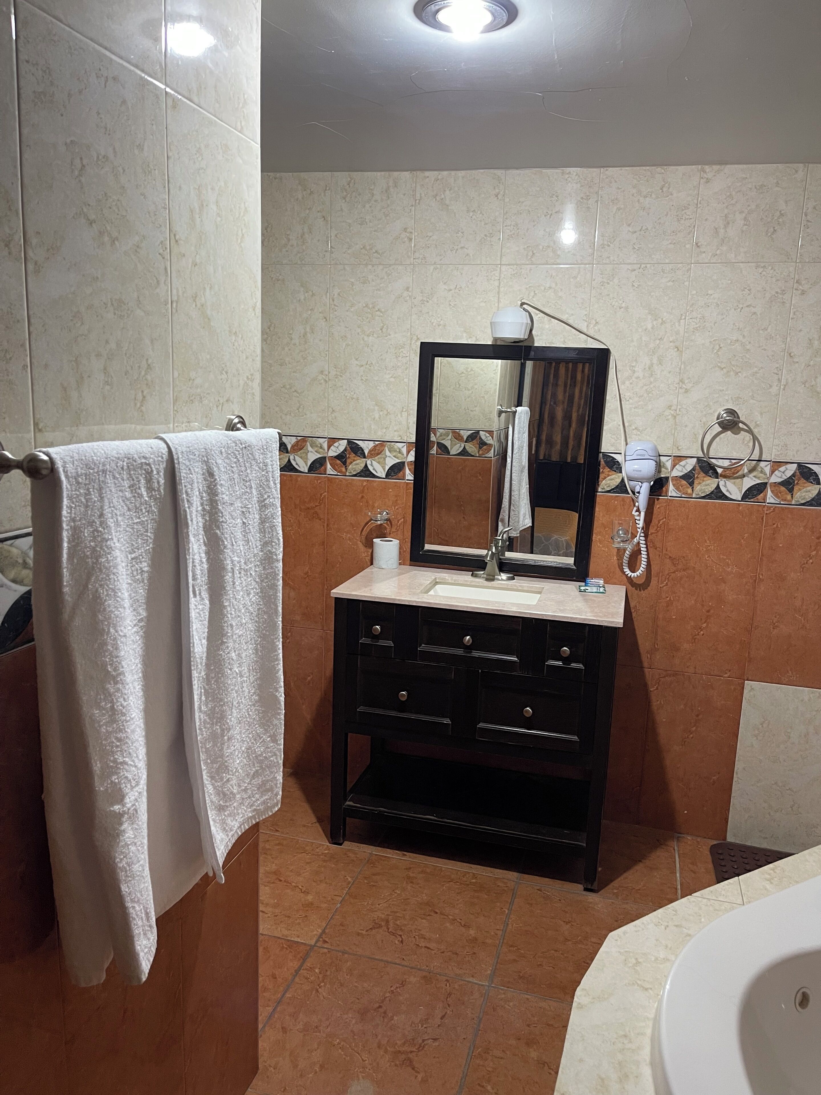 Ein Badezimmer mit schwarzem Waschtisch, einem Spiegel, einem Handtuchhalter, einem Fön und einer Toilette.