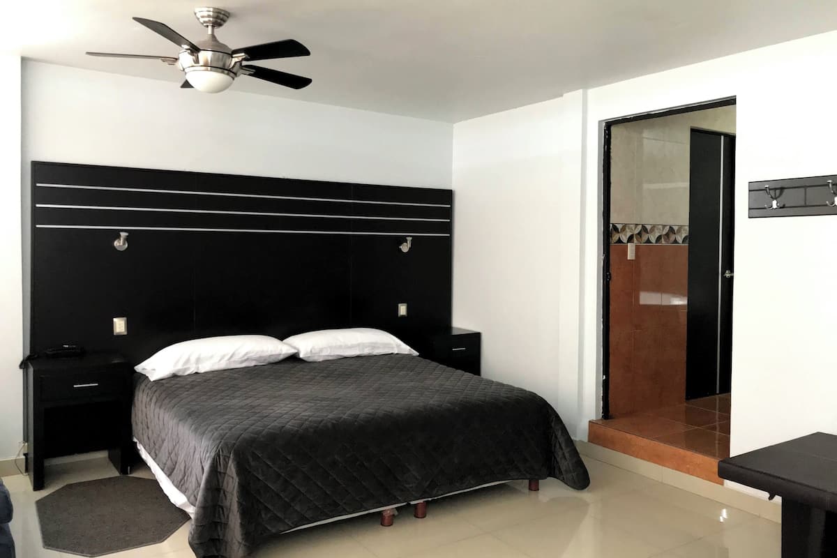 A bedroom with a black headboard, a bed with a dark quilted bedspread, a nightstand, a bedside table, a ceiling fan, and a door with a mirror and towel rack.