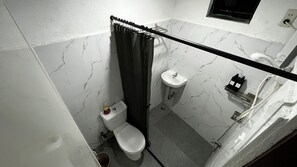 Shower, bidet, towels, soap