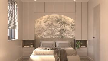 Una scrivania, tende oscuranti, insonorizzazione, ferro/asse da stiro