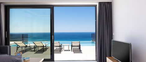 Deluxe Villa, 3 Bedrooms, Private Pool, Sea View (NEREA) | Living area | Flat-screen TV