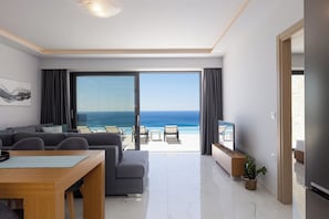 Deluxe Villa, 3 Bedrooms, Private Pool, Sea View (NEREA) | Living area - Falasarna Village  (Kissamos)