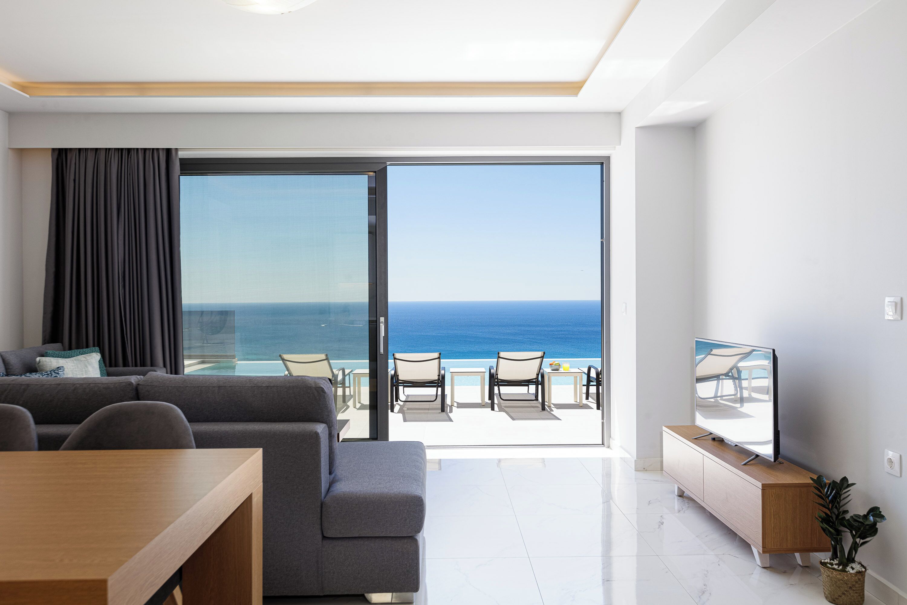 Deluxe Villa, 2 Bedrooms, Private Pool, Sea View (NISOS) | Living area | Flat-screen TV