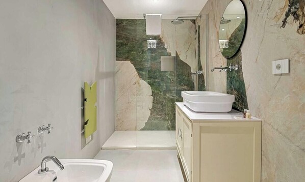 Shower, bidet, towels, toilet paper