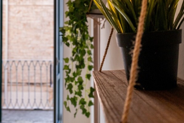 A potted plant on a wooden ledge, a rope, and a metal gate in the background.