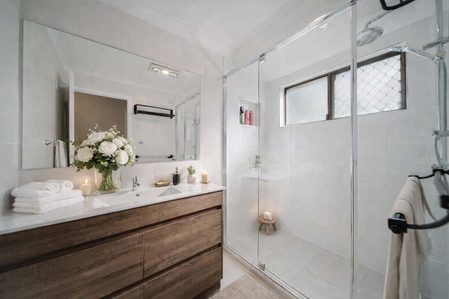 Douche, sèche-cheveux, serviettes fournies
