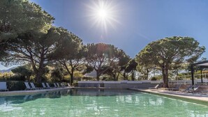 Piscina cristalina con sol radiante, rodeada de árboles y sillas de descanso.