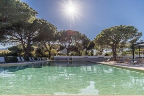 Ein klares Schwimmbecken im Sonnenschein, umgeben von Bäumen und Liegestühlen.