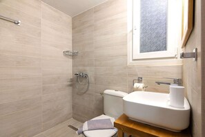 Une salle de bain avec douche, toilettes et lavabo.