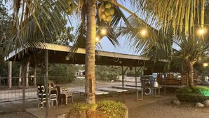 A covered outdoor seating area with tables and chairs, surrounded by palm trees and a small illuminated structure. - Relaxing Resort Stay at Ashelma Resort (Dauis)