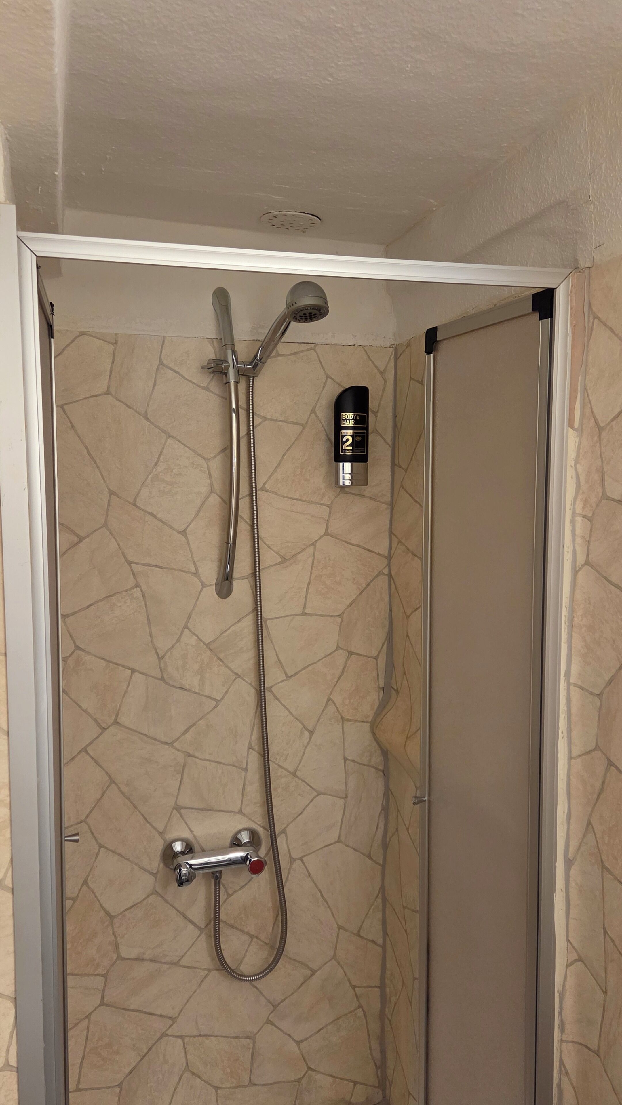 Aseo con mampara, pared con textura de piedra, ducha de mano y barra de ducha, además de un frasco de producto para el cuidado del vello corporal.