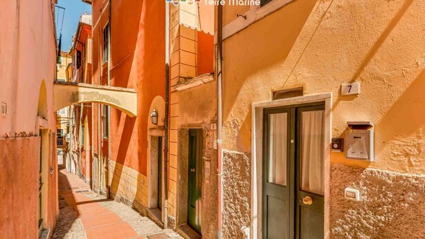 A narrow street with buildings on both sides, featuring a mix of stone and plaster exteriors, and a cobblestone path. - Sottovoce – Intimate vacation home in LericiIn the heart of Lerici, just steps from the sea and immersed in the tranquility of the village, Sottovoce is a small oasis of peace designed for those seeking a private and comfortable stay.This welcoming (Lerici)