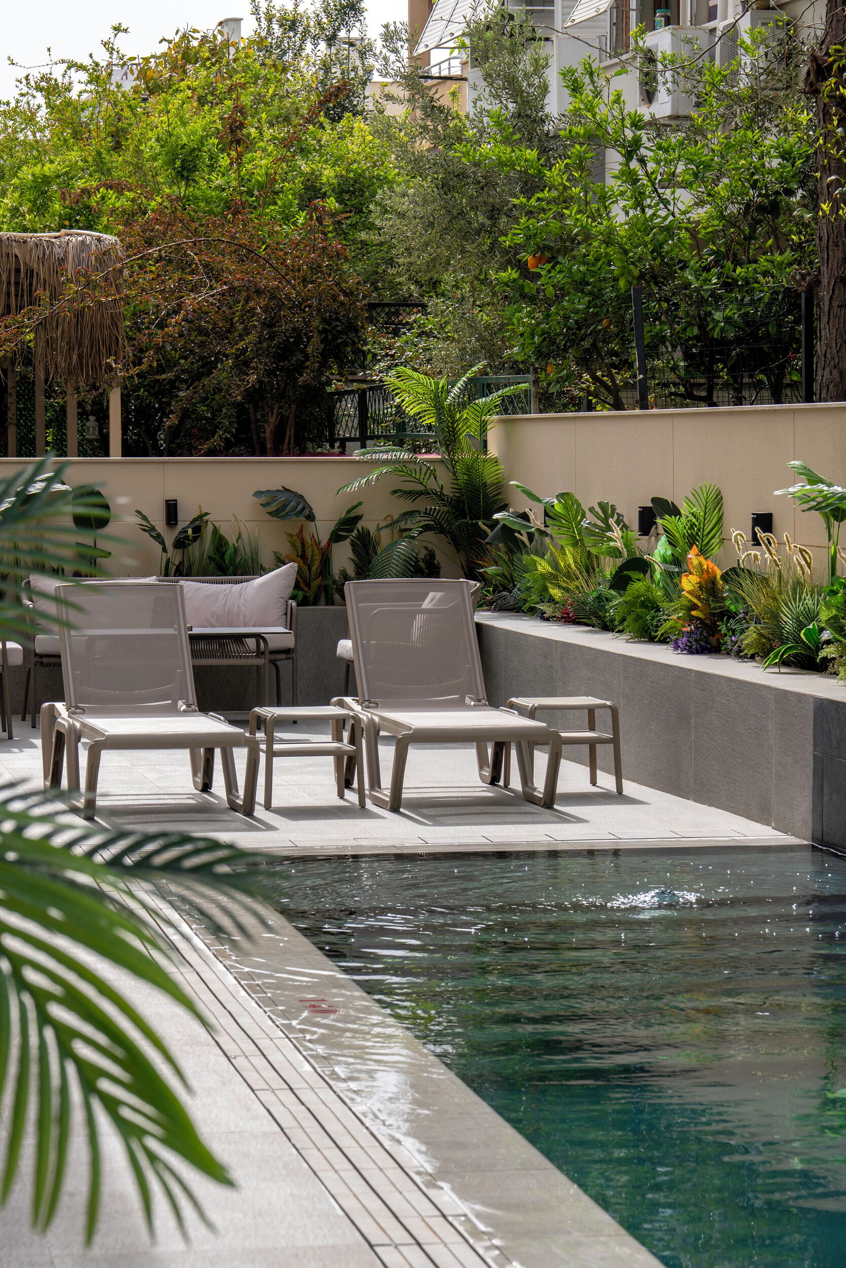 A pool area with lounge chairs, a table, and a variety of plants.
