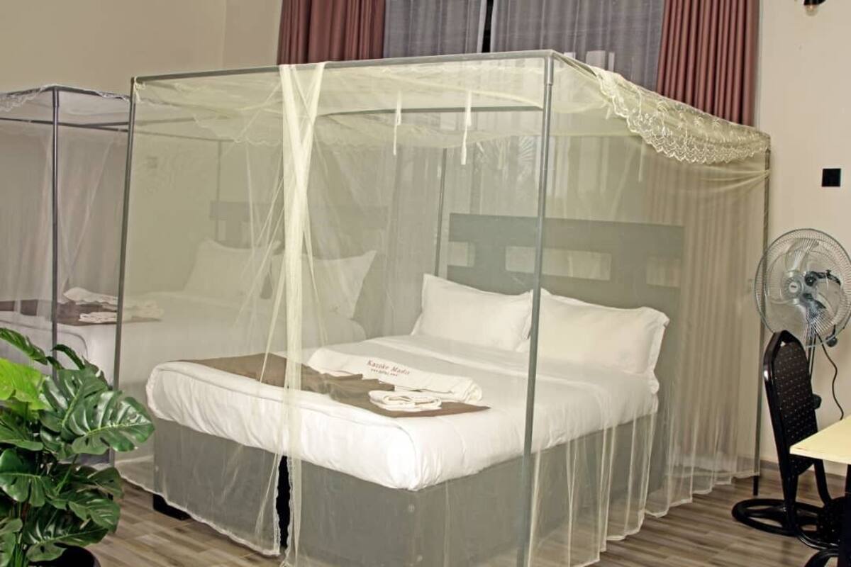 Una cama con mosquitera, una mesita de noche, una silla, un ventilador y una planta en maceta.