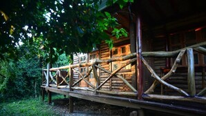 Eine rustikale Holzhütte mit einer Holzterrasse und einem Strohdach.