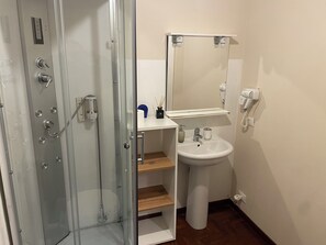 Shower, hair dryer, bidet, towels