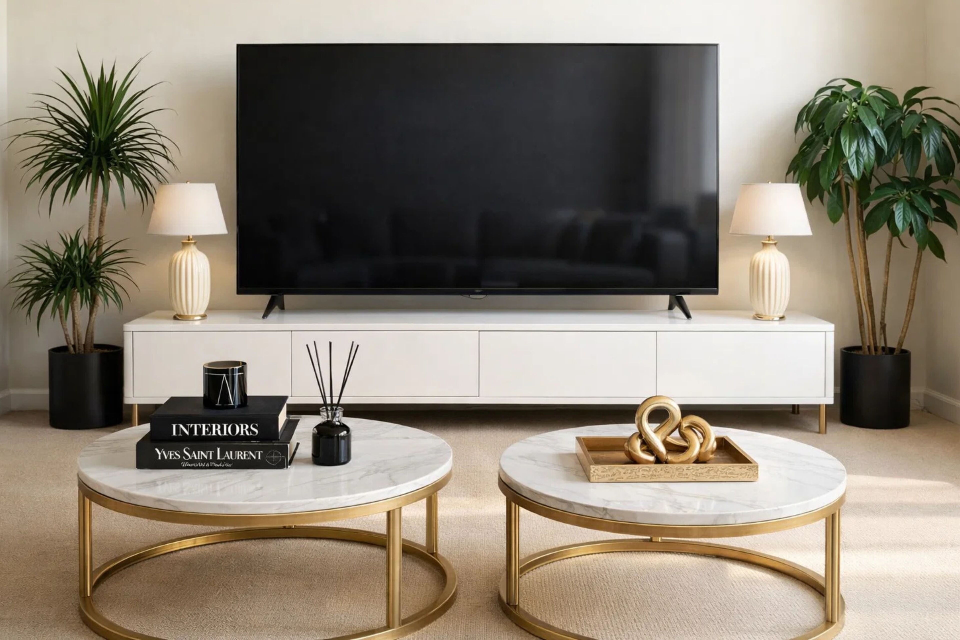 A modern living room with a large flat-screen TV, two round marble coffee tables with gold frames, a white cabinet, and two potted plants.