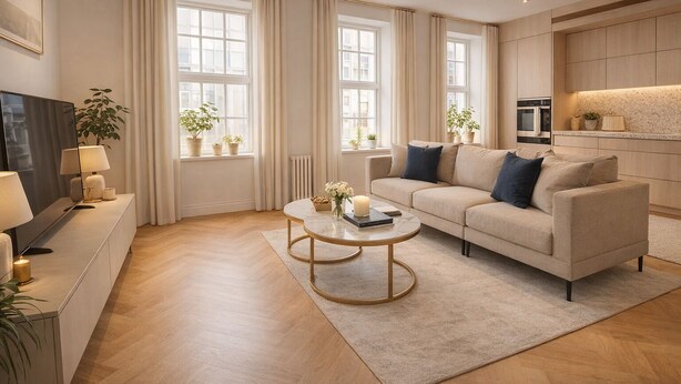 A modern living room with a sofa, coffee table, and a TV on a stand. - Luxury Sanctuary in Covent Garden | 3 Beds, AC, Wi-Fi (London)