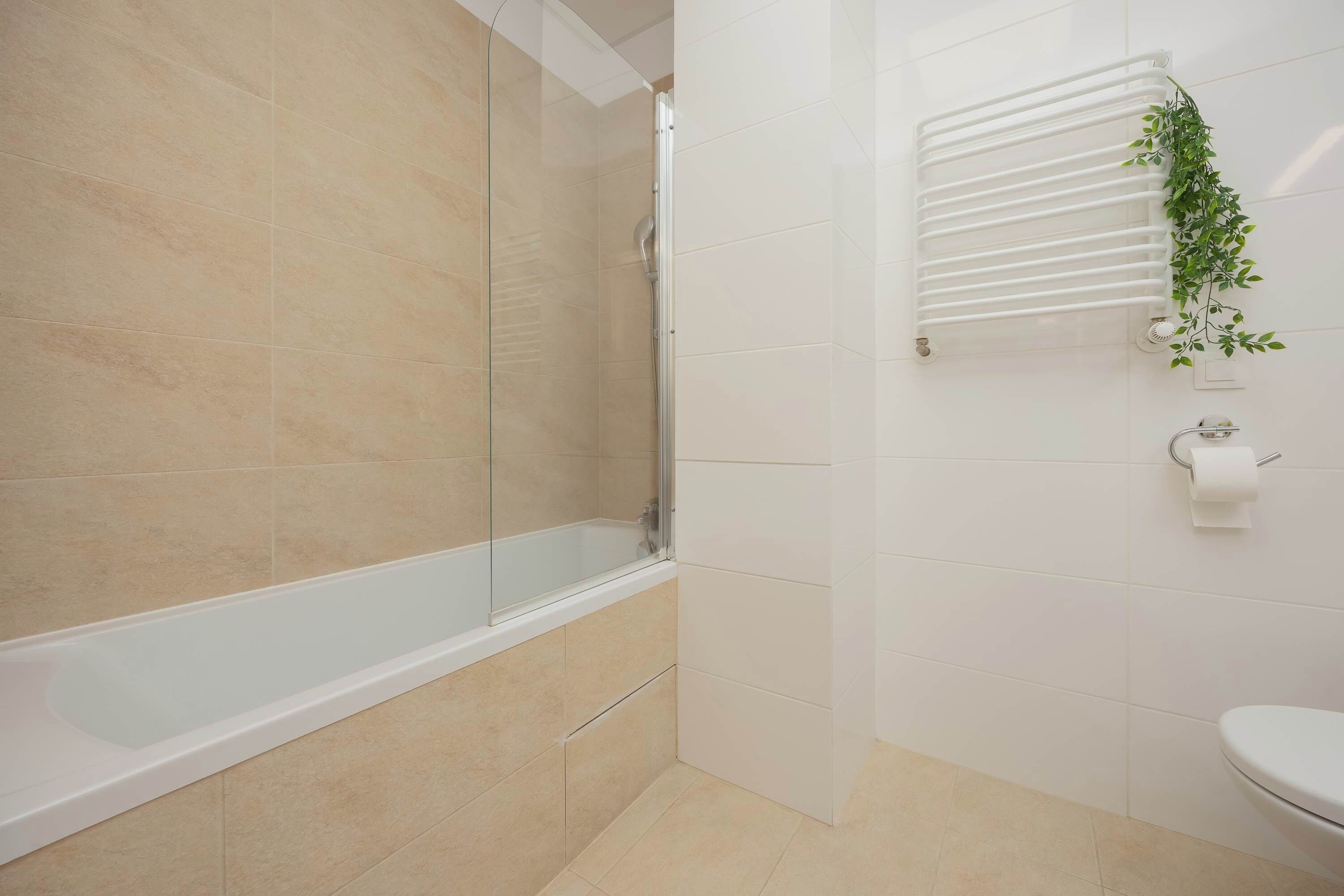 Shower, hair dryer, towels, shampoo