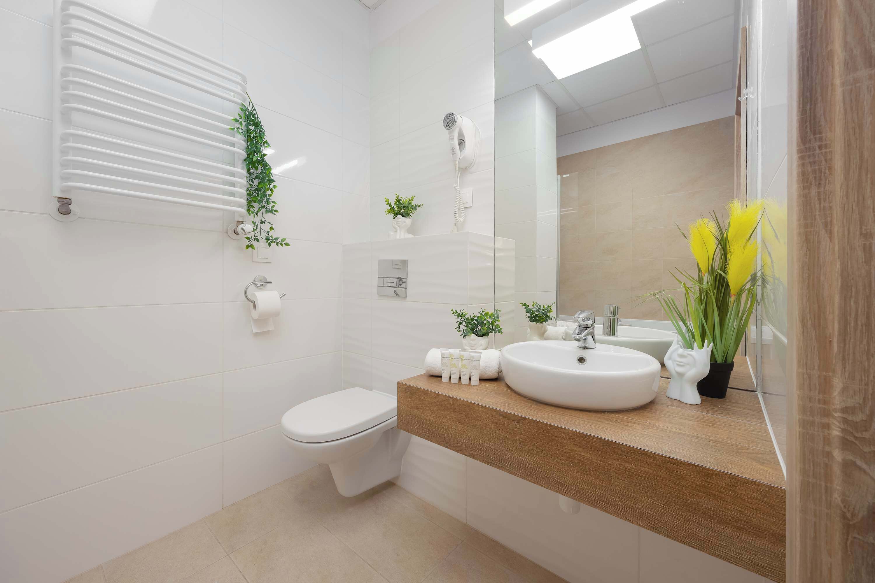 Shower, hair dryer, towels, shampoo