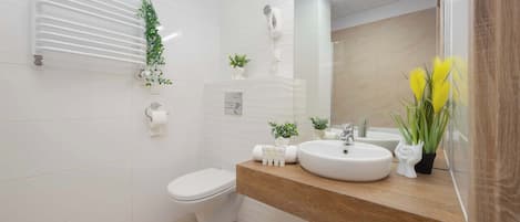 Dusche, Haartrockner, Handtücher, Shampoo