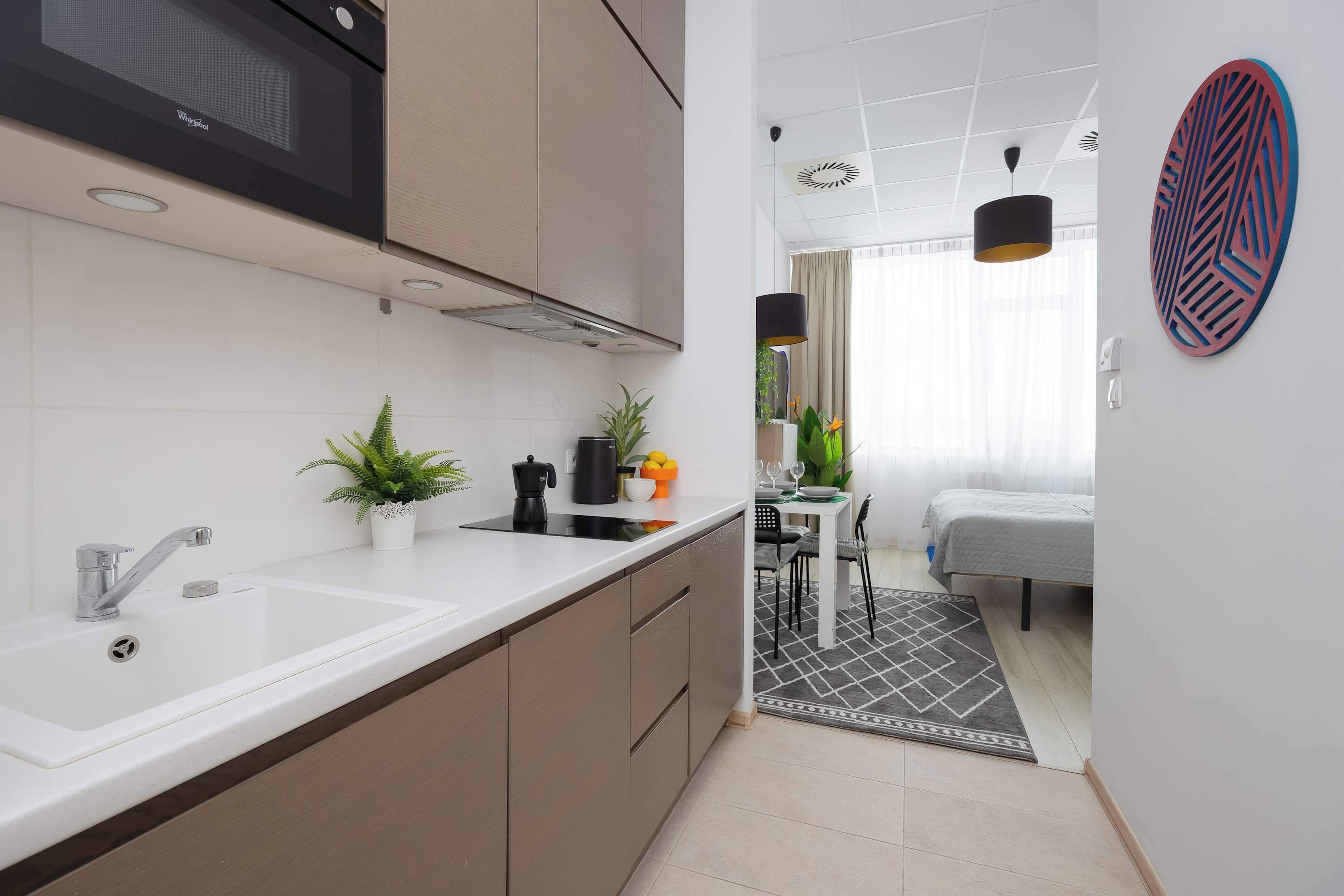 Frigorífico, microondas, placa de cocina y lavavajillas