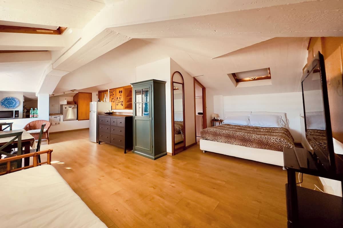 Een compacte, goed verlichte kamer met een houten vloer, een bed met een luipaardprint hoes, een kitchenette met een koelkast, en een eethoek met een stoel en tafel.
